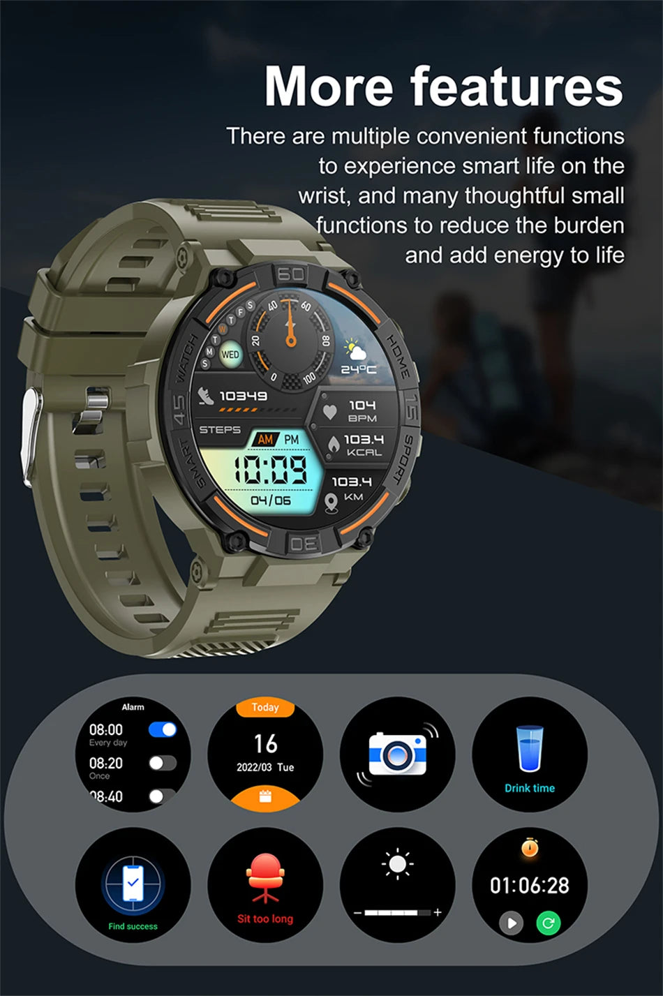 Sport Smart Watch Men 360*360 HD Screen LED Light Heart Rate Fitness Waterproof Voice Assistant BT Call Smartwatch For Huawei